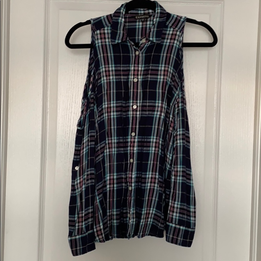Express Cold Shoulder Plaid Long Sleeve